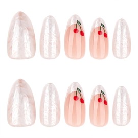 SINHOT Almond Press on Nails Medium - Cute Cherry Fake Nails Glossy Glue on Nails White Pearlescent Nail French Tip Stiletto Artificial Nail Stick on False Nail with Design DIY 24 pcs