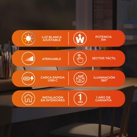 Tecnolite - Lámpara de Mesa LED 3 W Portátil, Recargable, Luz Blanca Ajustable y Atenuable Táctil, Lámpara Interior para Restaurante