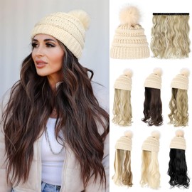Hat Wig Beanie Hat with Hair Long Wavy Extensions Knit Pom Pom Hat Attached 20" Synthetic Removable Hairpiece for Women Winter Dark Brown