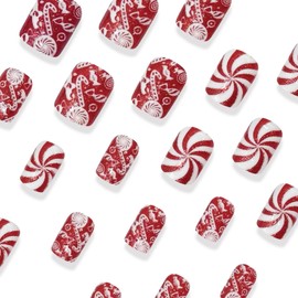 Christmas Press on Nails Short Square Fake Nails with Candy Canes Designs Red Glitter Nails Press ons Xmas Glue on Nails White False Nails Artificial Stick on Nails for Women 24 Pcs