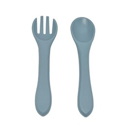 LITTLE ONE ESSENTIALS Silicone Fork and Sppon Utensil Set for Babies & Toddlers, BPA Free (Stone-Blue)