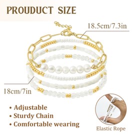 XSDSLS 4 Stück Armband Gold für Frauen,14K Vergoldet Stapelbare Kettenarmband Perlenkette Paperclip Mehrschichtiges Verstellbare Paperclip Armband Elastische Perlen Armband Geschenke für Damen (Set 3)