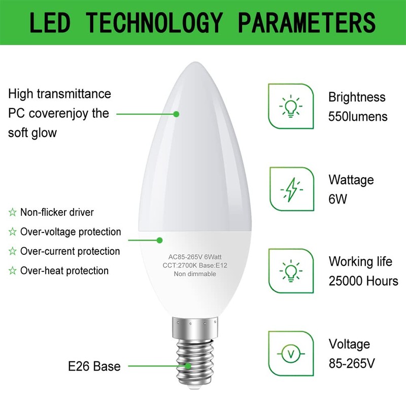 GOSCHE 60 Watt Led Candelabra Bulbs Equivalent, E12 Led Ceiling