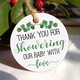 Thank You for Showering Our Baby with Love Tags, Baby Shower Favor Tags, Thank You Gift Tags Baby Shower, Thank You Tags with String, 2 Inches, 50 Count with Golden Ribbon
