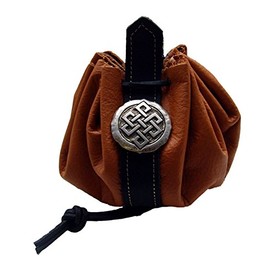 Leather Bag with Leather Strap Ducat Bag Money Cat Brown / Black Decorative Studs Diamond Round Open Approx. 28 cm Diameter, beige / black, Retro