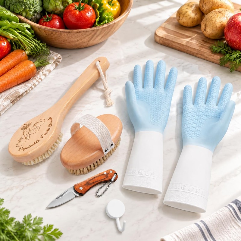 Wooden Vegetable Brush Set with Handle, Potato Scrubber for Fruits