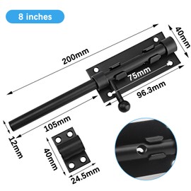 Black Stainless Steel Door Bolt - Deadbolt Lock - Sliding Bolt - Interior Door Bolt - Stainless Steel - Sliding Bolt - 200mm Long - Garden Gate Lock - Suitable for Doors, Windows, Fences
