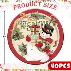 JarThenaAMCS 40Pcs Christmas Paper Plates Red Vintage Winter Snowman Disposable Plates 9 Inch Party Dinner Plates for Xmas Holiday Party Supplies