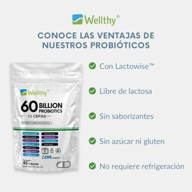 Wellthy Probioticos 60 Billones 11 Cepas. 45 Cápsulas Mes y Medio de Consumo, Cápsulas Veganas, DRcaps® Acción Prolongada, Bottle Free.