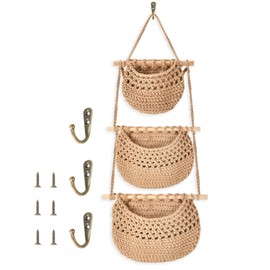 S Syxspecial 3 Tier Hanging Baskets for Organizing, Woven Jute Wall Fruit Basket, Hanging Storage Basket for Child Toys, Boho Wall Decor, Wall Basket Storage for Kitchen, Bedroom, Bathroom