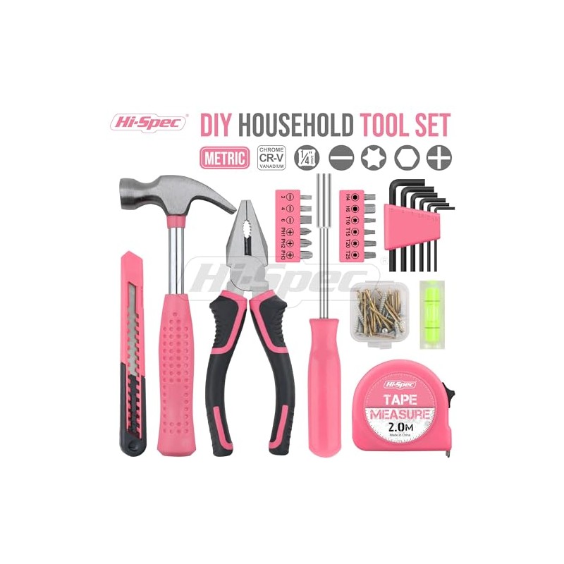 Hi-Spec Tool Set 25pc Pink Household DIY Tool Kit for
