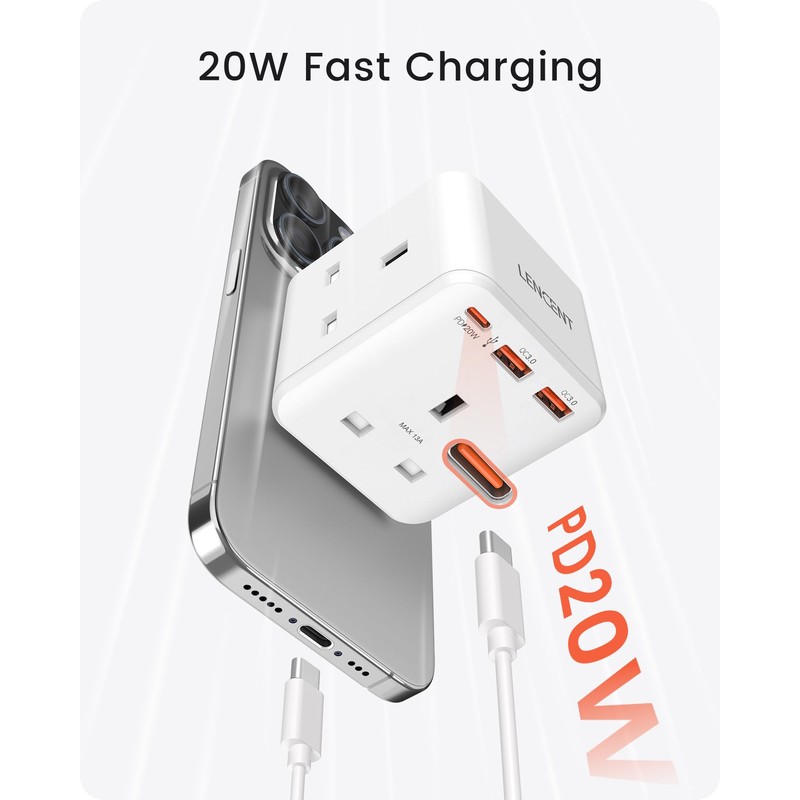 LENCENT 3 way plug adaptor with 3 Fast Charge USB,