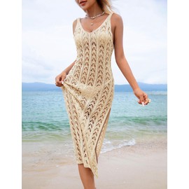 BreathSunny Womens Crochet Open Knit Swimsuit Coverup Dresses Summer 2025 Trendy Outfits Backless V Neck Side Slit Mesh Swimwear Coverups Beach Swim Bathing Suit Cover Up Midi Dress Apricot S