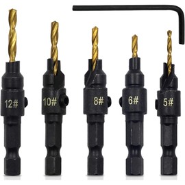 Broca Avellanadora Madera Taladro Carpintero Tornillo HSS Avellanado Vastago Hexagonal Kit Juego 5 pzs y Llave