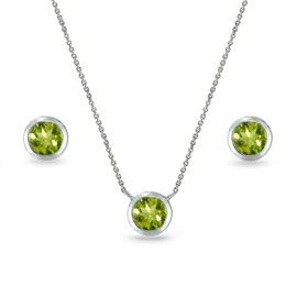 B. BRILLIANT Sterling Silver Peridot 5mm Round Bezel-Set Solitaire Small Dainty Choker Necklace and Stud Earrings Set for Women