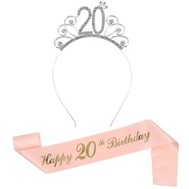 Rose Gold Happy 20th Birthday Sash and Birthday Tiara Rhinestone Crown Headband for 20 Birthday Gift Party Accessories