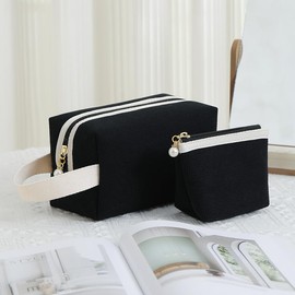 Kallsi 2 Pcs Makeup Bag, Toiletry Bag for Women Corduroy Cosmetic Bag, Travel Small Makeup Organizer Cute Makeup Pouch for Purse Black