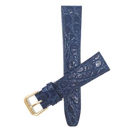 Bandini 14mm Womens Italian Leather Watch Band Strap - Blue - Glossy - Flat - Crocodile Pattern - Gold Buckle