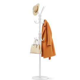 MISSLO Heavy Duty Coat Rack Freestanding with Stable Wood Base Modern White Coat Tree with 12 Hooks Adjustable Coats Hanger Stand Stylish Standing Clothes Tree for Entryway Bedroom Corner Hall