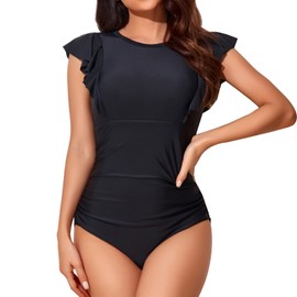 Smismivo Modest Swimsuits for Women High Neck Full Coverage One Piece Bathing Suit Ruffle Sleeve Tummy Control Swimwear 2025 Black