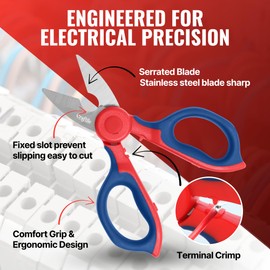 6-Inch Electrician Scissors – Heavy Duty Stainless Steel Electrical Scissor with Serrated Blade, Wire Stripper, Crimper & Belt Clip Holster – Sharp, Durable, Comfortable Grip for Electrical Work