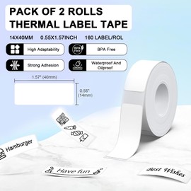 UZSUZZ Label Tape 14 x 40 mm, Thermal Labels White, Label Tape Replacement, Compatible for Label Printers, 160 Sheets/Roll Laminated Label Tapes, Waterproof Labels (2 Rolls)