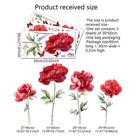 OUFEI Wall Decals Floral Peel and Stick Big Red Peony Flowers Stickers for Living Room Girls Bedroom Kids Nursery Decoration