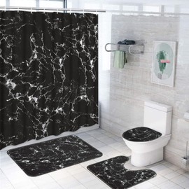 Alishomtll 4 Pcs Black White Shower Curtain Set with Non-Slip Rug, Toilet Lid Cover and Bath Mat, Black Marble Shower Curtain with Hooks, Abstract Modern Bathroom Set, Waterproof Bathroom Curtain
