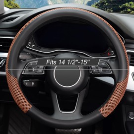 KAFEEK Steering Wheel Cover, Universal 15 inch, Microfiber Leather Viscose, Breathable, Anti-Slip,Warm in Winter and Cool in Summer, Black&Brown