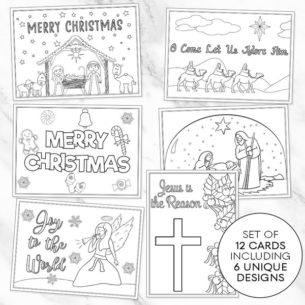 Christmas Coloring Greeting Cards Holiday Greetings Jesus is the Reason Christian Religious Coloring Pages Cards Bible Flat Cards Kids Adult DIY Crafts Grandchildren Assortment Pack (12 Count)