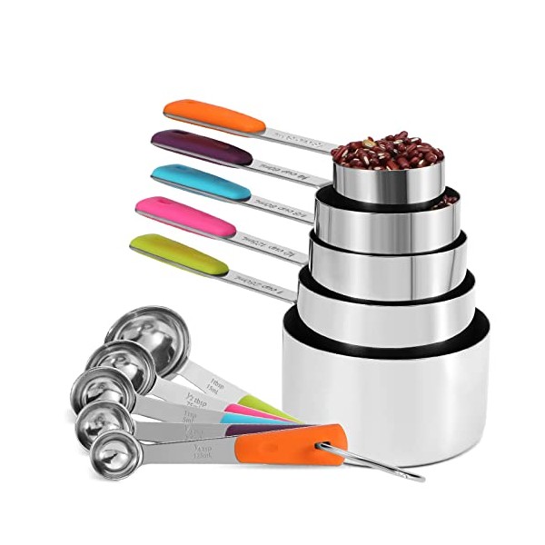 BOPEI 10Piece Measruing Cups and Spoons Set, Metal Stainless Steel