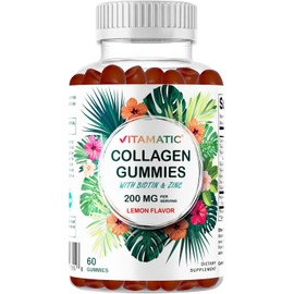 Vitamatic Hydrolyzed Collagen Gummies with Vitamin C, Zinc and Biotin, 200 mg - Healthy Skin Support - 60 Gummies