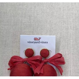 Vineyard Vines Red Thread Wrap Ornament Ball Bow Velvet Earring Gold Accent NEW