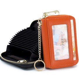imeetu RFID Credit Card Wallet, Genuine Leather Zipper Card Case Holder with Removable Keychain(Orange)