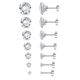 Minnario 7Pairs 2-8mm Flat Back Stud Earrings Hypoallergenic Stainless Steel Earrings for Men Women Cubic Zirconia Simulated Diamond Cartilage Earrings Helix Tragus Piercing Flat Back Earrings 18G