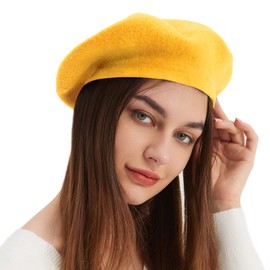 Wool Beret Hat French Beret Cap Winter Artist Painter Hat Solid Color for Women, Yellow, One Size