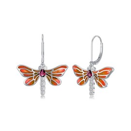 Lvoryance Dragonfly Earrings for Women 925 Sterling Silver Created Ruby with Dragonfly Leverback Drop Dangle Earrings