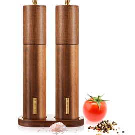 LOYIM Wooden Salt and Pepper Grinder Set 11.8 Inch Manual Salt and Pepper Mill with Tray Adjustable Coarseness and Refillable Wood Grinders with Gold Bottle Label for Kitchen(Wood Color)