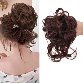 Messy Bun Hairpiece Hair Scrunchie Updo Hairpiece, Large Bun Hairpiece, Hair Scrunchie with Hair, Curly Hair Bun (#2H33 Natural Black Mix Dark Brown)