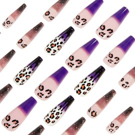 Black Glitter Press on Nails Long Coffin Fake Nails French Glue on Nails Leopard Print False Nails Gradient Stick on Nails Glossy Shiny Full Cover Artificial Acrylic Nails Reusable Uñas Postizas 24Pcs