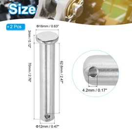 PATIKIL 12 x 70 mm Single Hole Clevis Pins, 2 Pcs 304 Stainless Steel Flat Head Pin for Hitch Pin Lock Link Hinge Systems, Silver