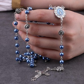 HanlinCC 6mm Blue Glass Pearl Beads Catholic Rosary Necklace with Metal Heart Rose Gift Box (Blue)