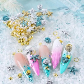 Summer Nail Art Rhinestones,Shiny Shell Starfish Nail Charms 3D Resin Nail Art Charms Metal Star Seashell Starfish Theme Summer Charms for Acrylic Nails Pearl for Women DIY Accessories Decor