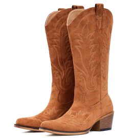 Fioralie Suede Cowboy Boots for Women Western Mid Calf Cowgirl Boots with Embroidered, Retro Snip Toe Fashion Boot With Chunky Block Heel Summer Fall Country Music Festival Cowboy Chic