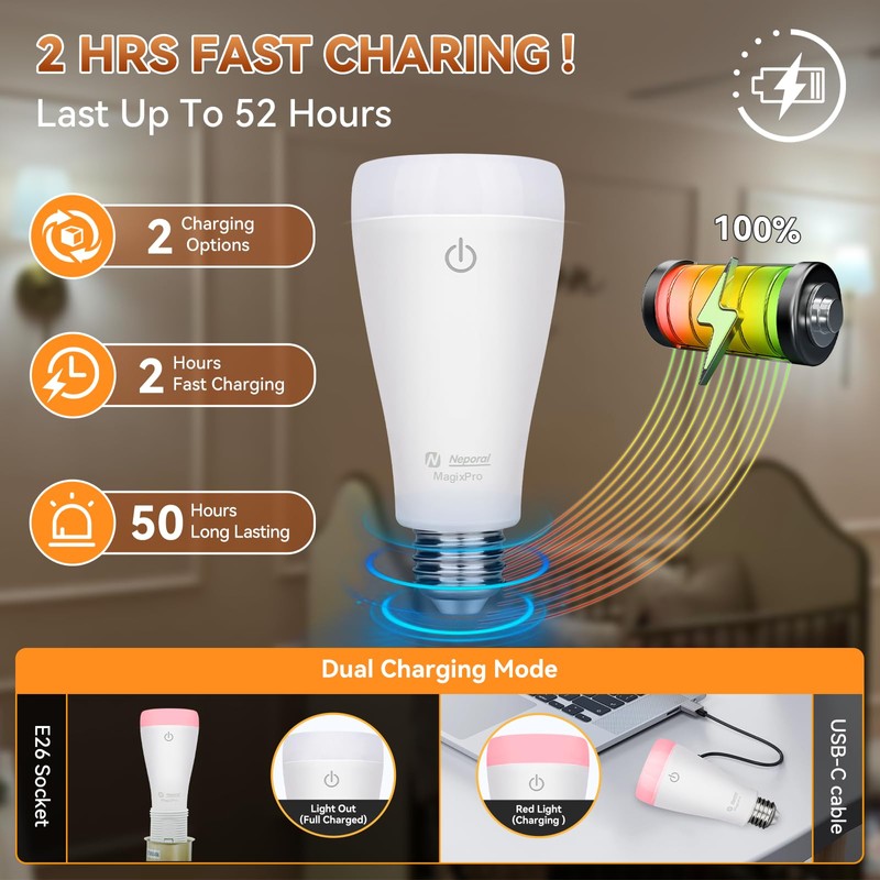 Neporal MagixPro Rechargeable Light Bulbs with Remote, USB + Socket