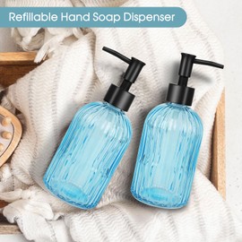 2 Pack Stripe Glass Soap Dispenser with Black Plastic Pump, 400ml Liquid Hand Soap Dispenser, Rustproof Pump for Kitchen & Bathroom, Great for Lotions, Essential Oil, Liquid Soaps- (Light Blue)