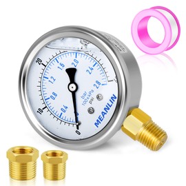 Meanlin MEASURE 0-40Psi Stainless Steel 1/4" NPT 2.5" Face Dial Liquid Filled Pressure Gauge WOG - Water, Oil, Air - Lower Mount, with 1/2" NPT Hex Bushing