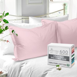 Pizuna Pure Cotton King Size Oxford Pillowcases 2 Pack Light Pink 50x90cm, 600 Thread Count Long Staple Combed Cotton Crispy Soft Pillow Cover, Soft Sateen King Pillow Cases