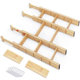 Whitmor Adjustable Bamboo Drawer Dividers, Expandable 17"-22" Drawer Organizer, Space-Saving, Non-Slip & Spring-Loaded Separators for Kitchen, Bedroom, Office, 4 Pack Dividers with 9 Baffles