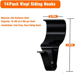 YUNFOOK 14 Pcs Vinyl Siding Hooks, Stainless Steel No-Hole Hangers for Hanging Wreaths & Outdoor Decor, Low Profile Siding Clips, Easy Installation, No Tools Needed (14, Black)